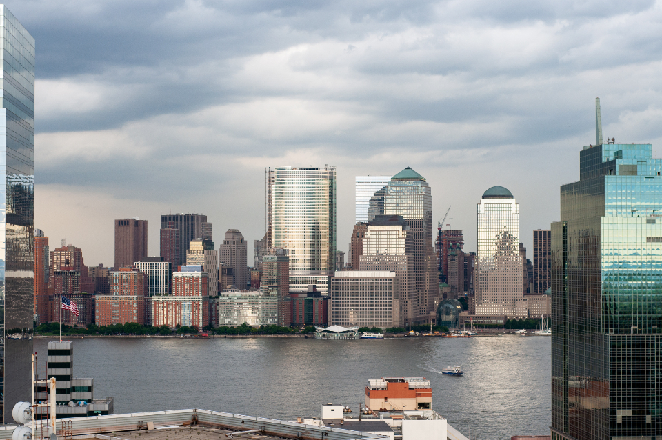 Financial district skyline at dusk